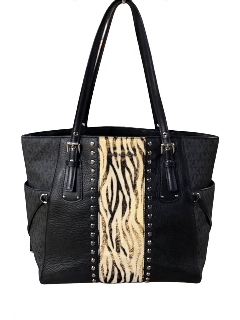 Michael Kors Voyager Tote Black MK Monogram Zebra Studded Shoulder Bag